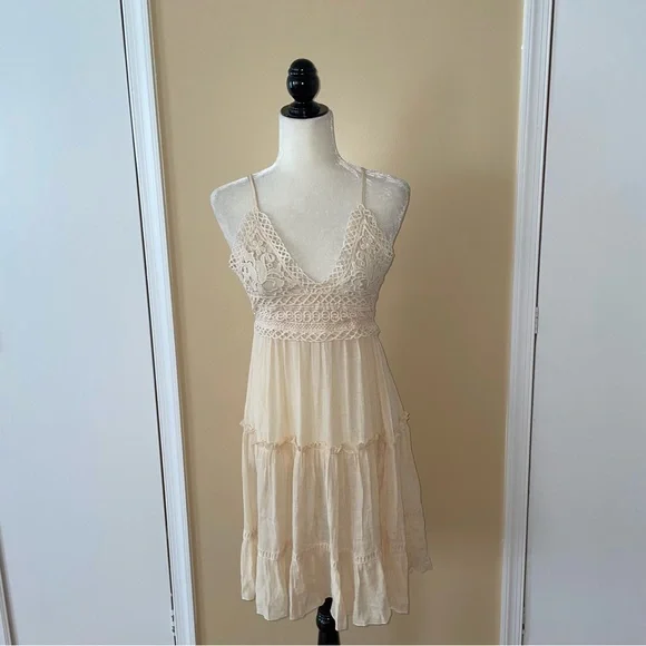 Beige Crochet Top Backless Mini Beach Coverup Dress - Picture 6 of 11